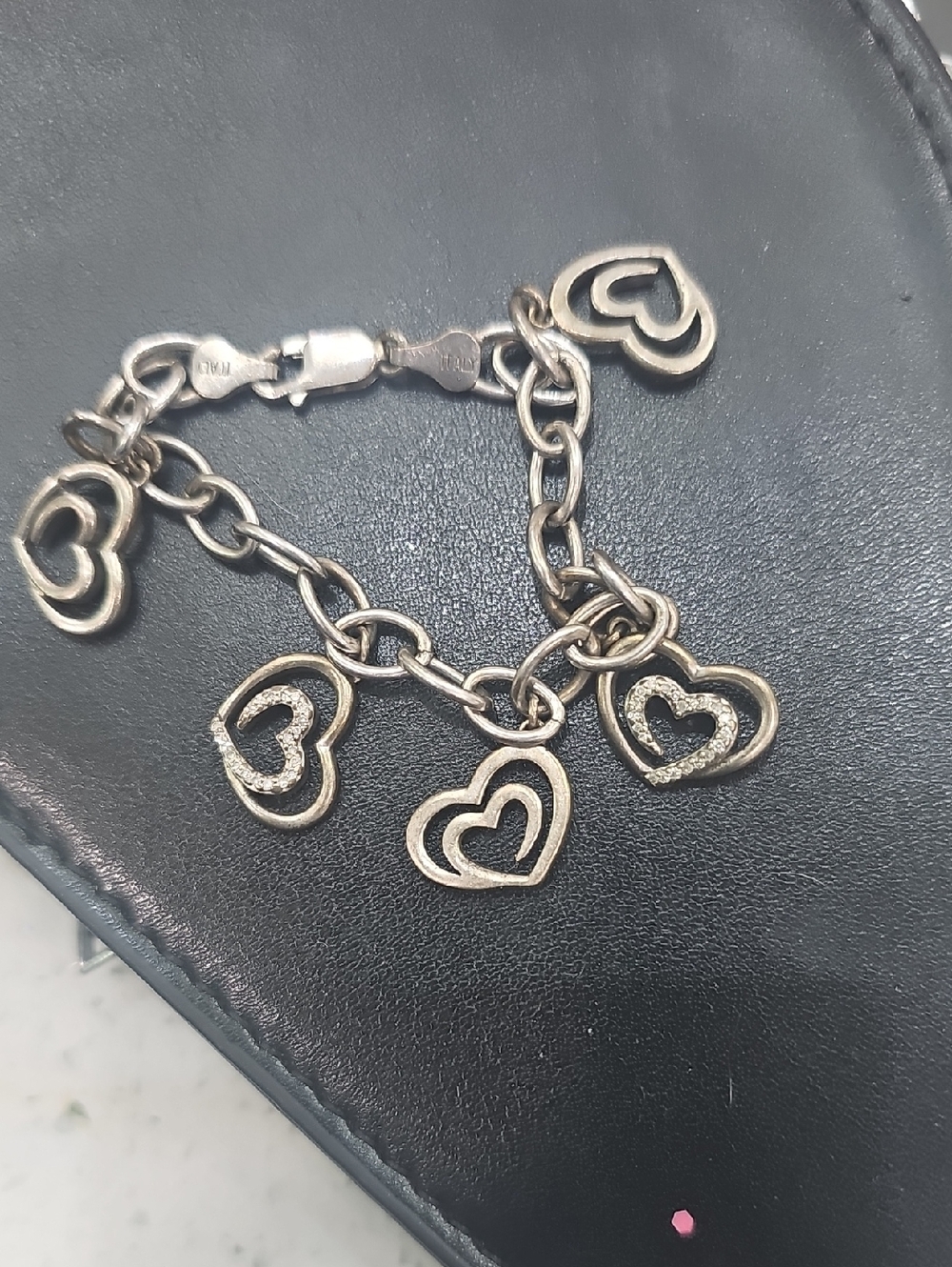 Silver Heart Charm Bracelet - Women's Heart Link Bracelet with Two Diamond Heats